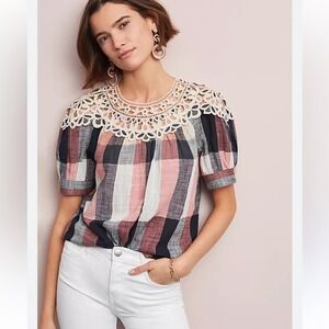 Anthropologie Plaid Boho Crochet Embroidered Cotton Peasant Swing Blouse Top XS